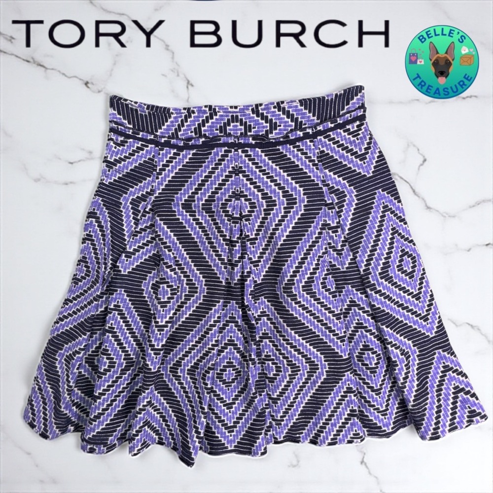 Tory‎ Burch Women's 8 Purple Black Geometric Pleated A Line Skirt Cotton Linen